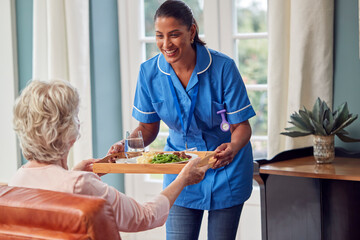 Female Care Worker In Uniform Bringing Meal On Tray To Senior Woman Sitting In Lounge At Home  - Powered by Adobe