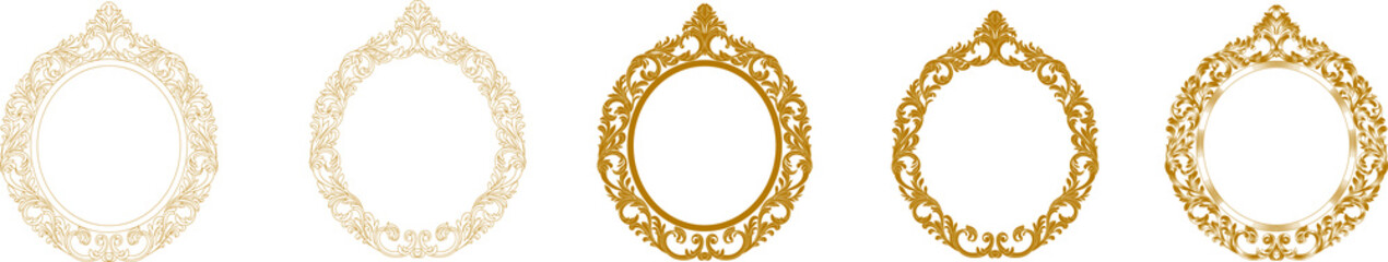 Set of golden oval vintage frames, design elements. Vector.