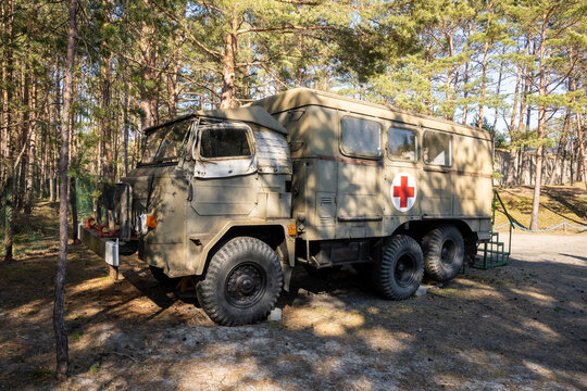 Hel, Poland - March 20, 2022: Old truck of a humanitarian organization in military open-air museum. The Coastal Defense Museum in Hel