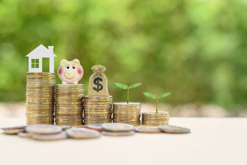 Money saving, first time asset / property buyer concept : Home model, piggy bank, dollar bags, young sprout on stacks of rising coins, depict budget planning for basic needs, family & personal expense - obrazy, fototapety, plakaty