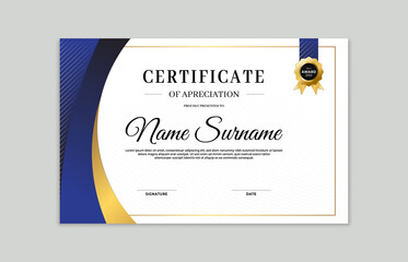 Obraz premium Blue and gold certificate border template. For appreciation, business and education needs