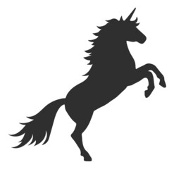 Legendary mythic horse. Reared up unicorn black silhouette