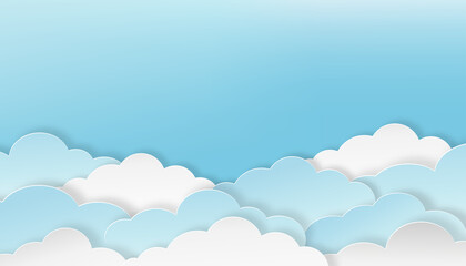 Cloud with Blue Sky background, Vector illustration Cloudscape  layers 3D paper cut style with copy space for text. Horizontal banner for Spring sale or Summertime season