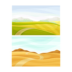 Autumn and summer rural landscape. Yellow and green fields and road vector illustration