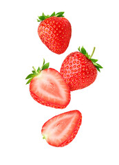 Falling Strawberry with half sliced isolated on white background.