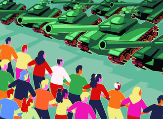Anti War Concept Illustration , People get together in front of Army Tank to Stop War .
