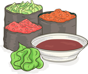 Sushi Rolls with Wasabi and Soy Sauce Hand Drawn Illustration