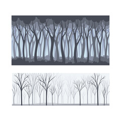 Lifeless forest trees silhouettes set. Early spring, late autumn or winter seamless background vector illustration