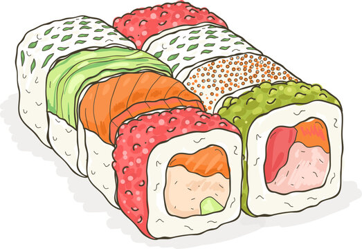 Sushi Rolls Set Hand Drawn Illustration