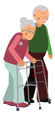 Old man helping senior woman with walkers. Walking aid concept
