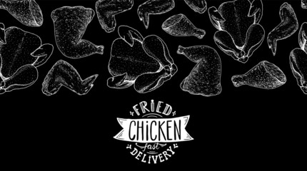 Grilled and Fried chicken. Hand drawn sketch illustration. Grilled chicken meat top view frame. Vector illustration. Engraved design. Restaurant menu design template.