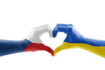Two hands in the form of heart with Czech and Ukrainian flag isolated on white background