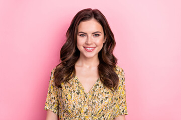 Fototapeta premium Photo of satisfied candid curly hairstyle person toothy smile look camera isolated on pink color background