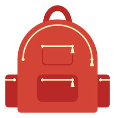 Red backpack icon. Kid school bag with pockets