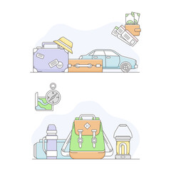 Travel symbols set. Planning of summer vacation, tourism and hiking objects line vector illustration