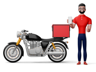 Happy delivery man with phone and motorcycle, delivery man thumbs up, 3d rendering