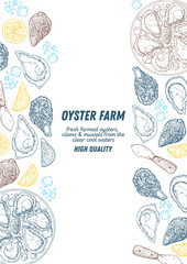 Oysters and oysters dish with lemon and ice sketch. Hand drawn vector illustration. Top view. Design template. Food menu.