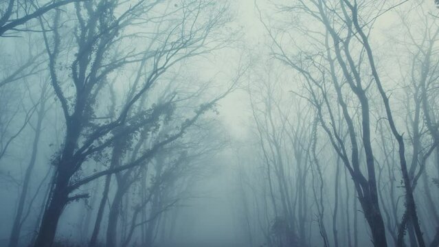 Moving slowly forward through misty forest, horror movie scene, low angle