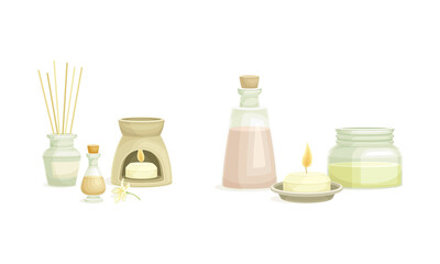 Fototapeta na wymiar Spa objects set. Aromatic reed diffuser, burning candle. Beauty routine and skin care vector illustration