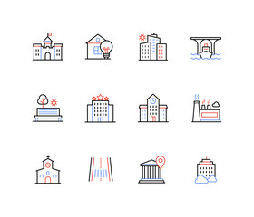 City objects and architecture - line design style icons