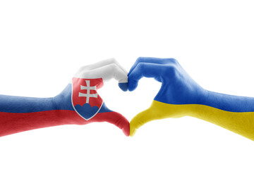 Two hands in the form of heart with Slovak and Ukrainian flag isolated on white background