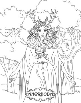 Angrboda. Coloring book for adults. Scandinavian mythology. Black and white illustration.
