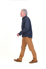 side view of a man walking on white background on white background