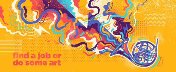 Abstract background design with French horn and colorful splashes. Vector illustration. © Radoman Durkovic