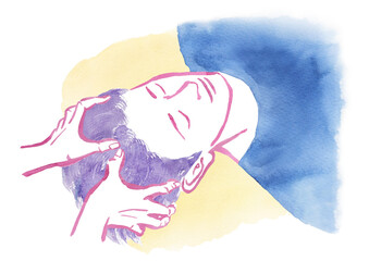 ドライヘッドスパを受ける男性の手描き水彩イラスト