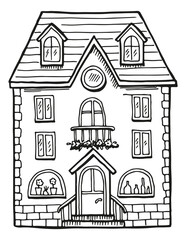 Cute cottage exterior. House facade doodle sketch