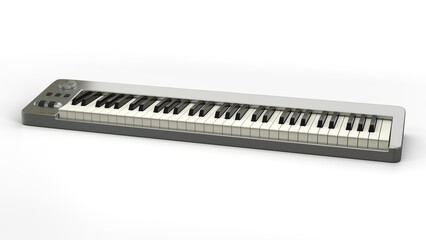 Midi-keyboard, silbern, Ansicht von vorn, auf weissem Hintergrund