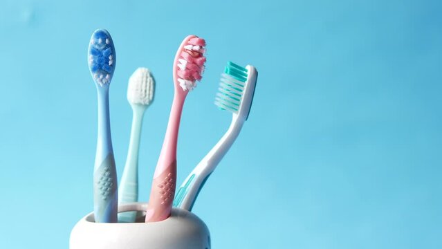  colorful toothbrushes in white mug against a wall 