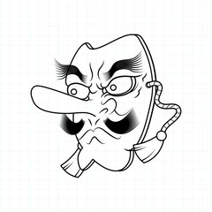 Hand drawn Japanese Tengu mask coloring page, Vector illustration eps.10