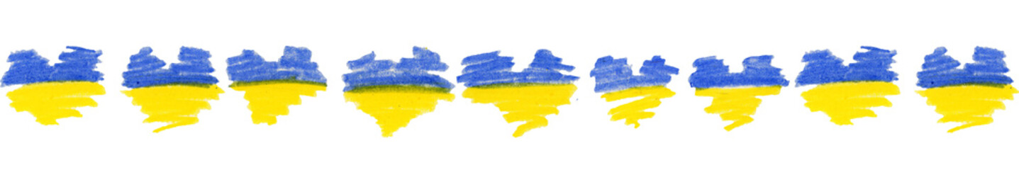 Seamless border with blue and yellow hearts, flag of Ukraine. Isolated elements on a white background, for patriotic publications, prints, for peace, against war, in support of Ukraine