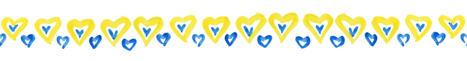 Seamless border with blue and yellow hearts, flag of Ukraine. Isolated elements on a white background, for patriotic publications, prints, for peace, against war, in support of Ukraine
