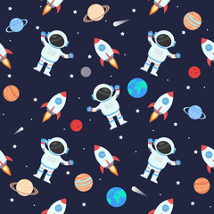 Space seamless pattern. An astronaut and a rocket against the background of the planets of the solar system.