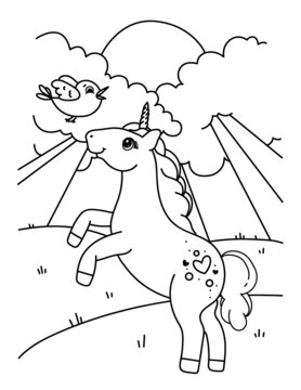 Coloring page with cute unicorn. Vector black and white image for children. Cool unicorns with rainbow, flowers, sweets.