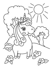 Obraz na płótnie Canvas Coloring page with cute unicorn. Vector black and white image for children. Cool unicorns with rainbow, flowers, sweets.