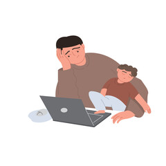 Fototapeta na wymiar Parent works at the computer and puts the child to sleep. The tired father is sitting at the table. The concept of parenthood and child care. Vector flat illustration on an isolated white background.