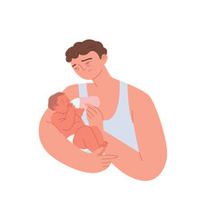 A sleepy father feeds a baby from a bottle. A tired parent takes care of the baby. The concept of parenthood.  Vector flat illustration on an isolated white background.
