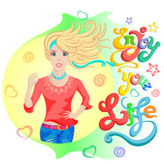 Obraz na płótnie Canvas Enjoy your life and bright moments in it, vector illustration, on colored background