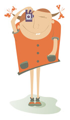 Cartoon woman a photographer isolated illustration. Smiling young woman with a camera makes a shot and holds another hand in the pocket isolated on white