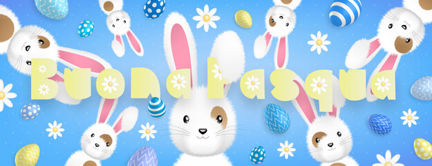 Italian yellow text : Buona Pasqua, with many cute white rabbits and many colored eggs and flowers all around on a blue background