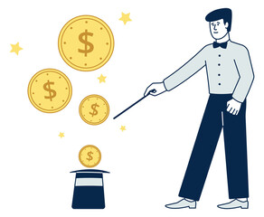 Magician making money. Golden coins appearing from magic hat