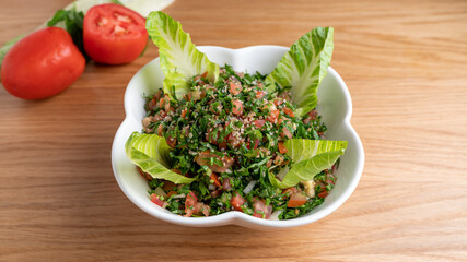 A bowl of delicious fresh Tabbouleh (tabbouli) salad.