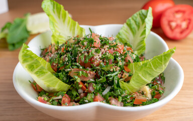 A bowl of delicious fresh Tabbouleh (tabbouli) salad.