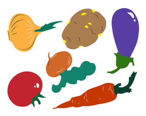 Set of vegetables onion, radish, carrot, potato, radish, tomato, eggplant. Vector illustration