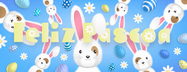 Spanish yellow text : Feliz Pascoa, with many cute white rabbits and many colored eggs and flowers all around on a blue background