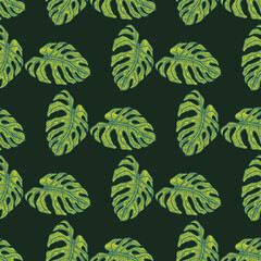 Monstera leaf seamless pattern.Vintage tropical branch in engraving style.