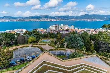 A view from the upper levels of the Castro castle towards the cruise terminal in Vigo, Spain on a spring day